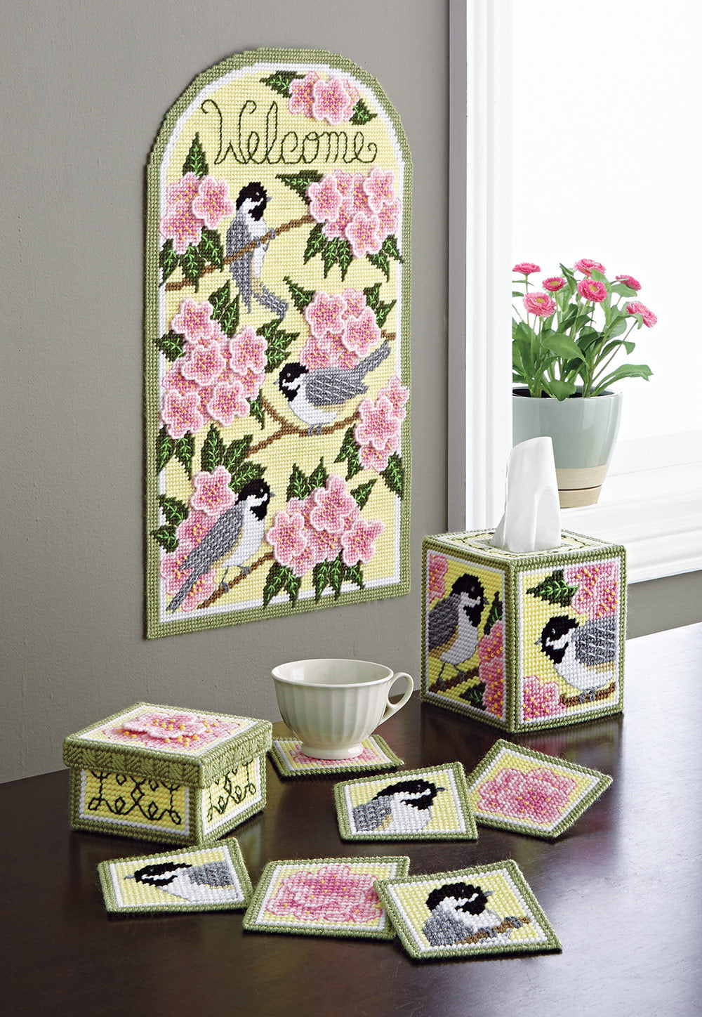 Chickadee and Apple Blossom Plastic Canvas Ensemble